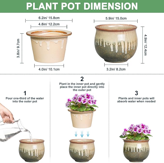 Ceramic Self Watering Pots, 6 Inch African Violet Pots with Absorbent Inner Pot, Round Self Watering Planter, Planters for Indoor Plants, House Decor, Plant Lover Gifts, Yellowish Brown-Beige