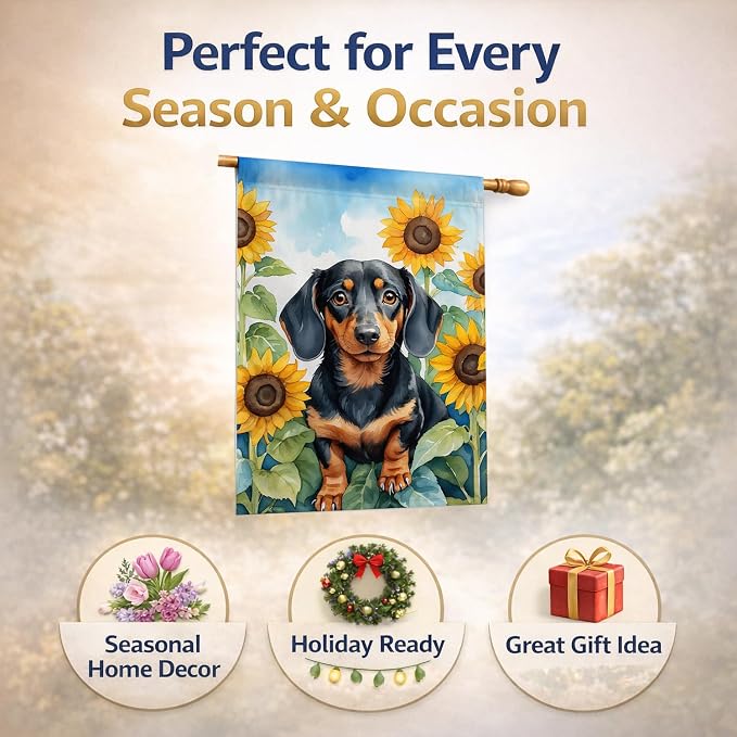Caroline's Treasures DAC6066CHF Dachshund in Sunflowers House Flag Large Porch Sleeve Pole Decorative Outside Yard Banner Artwork Wall Hanging, Polyester, House Size, Multicolor
