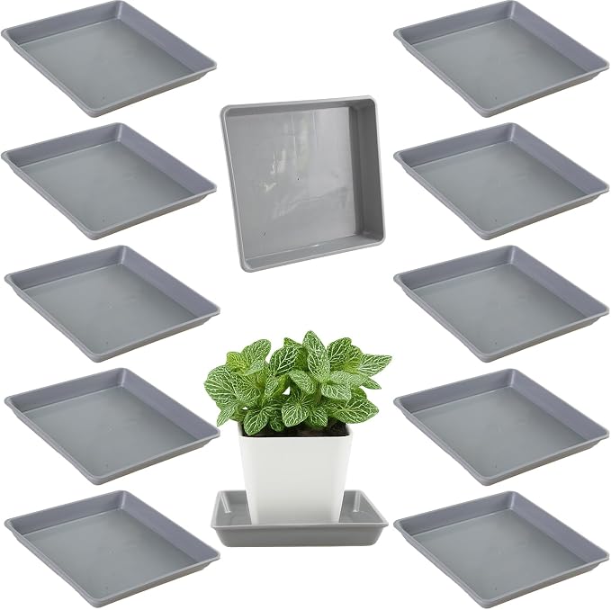 10 Pack Square Plant Saucer 12 Inches Plant Trays for Pots Plastic Square Drip Trays Flower Pot Saucers Black Planter Water Tray Plant Drainage Tray, Gray