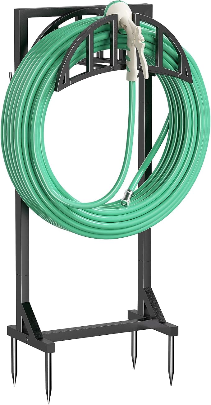 YQSLYSF Garden Hose Holder Stand, Water Hose Reel Storage Rack | Heavy-duty powder-coated metal, freestanding design with 2 hooks, stores up to 150 ft hose for outside