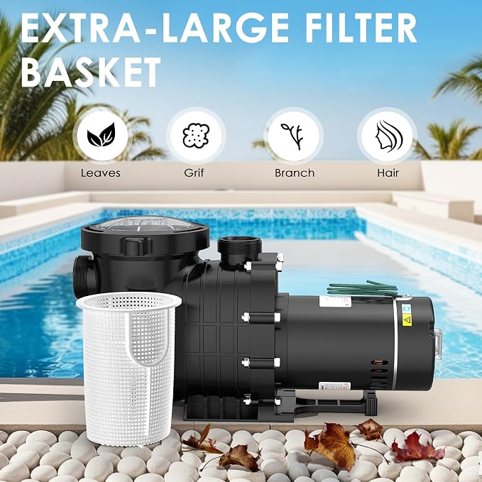 Seeutek 1.5HP Pool Pump for Above/In Ground Pools, 115V/230V 6600GPH | High Flow Energy Efficient Pure Copper Motor, 1.5", 2", and 1.25"-1.5" Connectors, Strainer Basket & Drain Plug, Self Priming