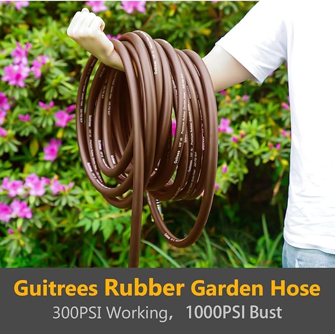 Guitrees Garden Hose 25FT x 5/8", Heavy Duty Rubber Hose, Water Hose with Five Layered Braiding, Male to Female Fittings, 1000PSI Burst, 300PSI Working (Brown)