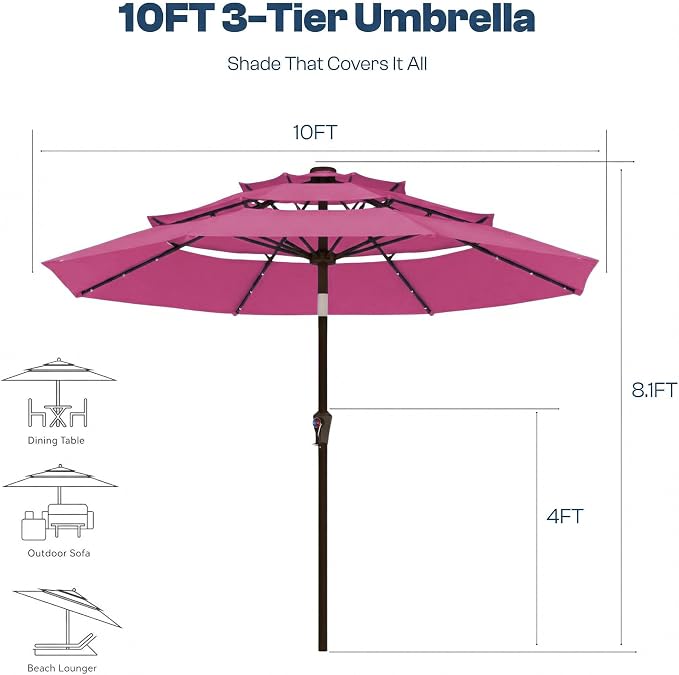 10ft 3-Tier Patio Umbrella with 32 Solar Powered LED Lights, Windproof Outdoor Market Umbrella for Deck, Poolside & Garden, Sturdy Push-Button Tilt Table Umbrella, Rose Pink