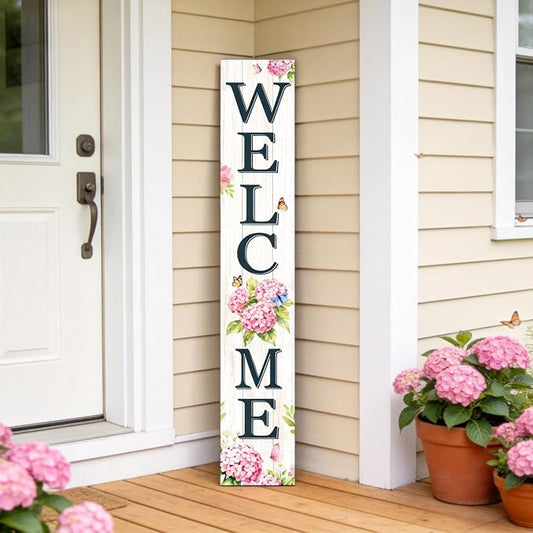 Welcome Sign for Front Porch, 47" Wood Framed Porch Sign Hydrangea Flower Decorations with Hanging Rope, Farmhouse Yard Signs Home Decor for Outdoor Patio