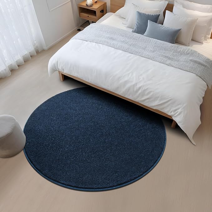 4' Navy Blue Round Area Rug Modern Solid | Washable Memory Foam, Low Pile Non Slip Indoor Carpet for Living Room Bedroom Office Classroom College Dorm Room Home Decor