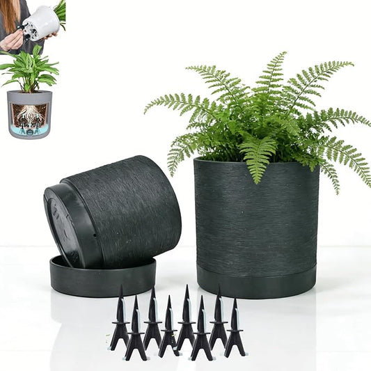 GreenShip Planter Set of 2 (13.7" & 11.8") – Dual-Use Self-Watering or Traditional Indoor Cylinder Flower Pots with Saucers & Side Drainage – Durable Lightweight Clay & Resin Blend