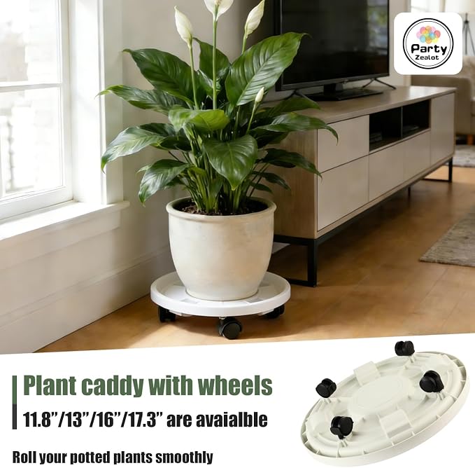 4-pack 17.3" Extra-large Plant Caddy with Wheels Plastic Plant Dolly with Locking Caster Flower Pot Mover Rollers Wheeled Rolling Plant Stands Round Plant Saucer Indoor Outdoor Base Coasters White