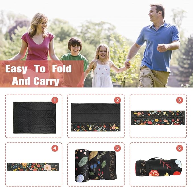 Picnic Blankets Extra Large Waterproof, 80"x 60" Boho Flowers Beach Mat with Corner Pockets Windproof Sandproof Foldable Portable 3-Layer Mat Darker for Wet Grass,Parks,Music Festival,Camping,Concerts