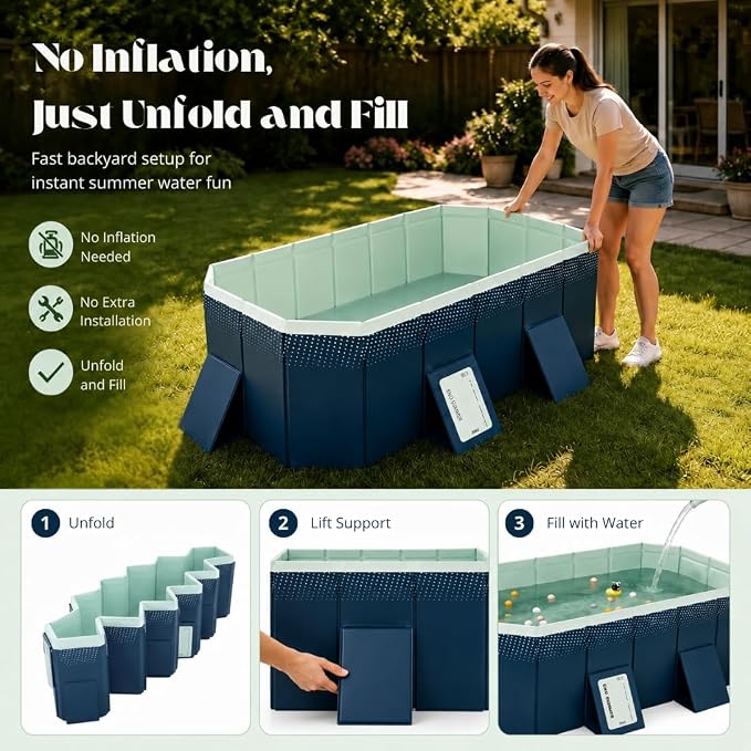 82.67-Inch Foldable Swimming Pool, Blue Non-Inflatable Rectangular Pool for 3-4 People, 4-Layer Composite PVC, Aluminum Alloy Frame, Dual Drains for Backyard Summer Fun