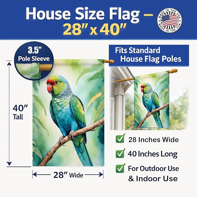 Caroline's Treasures African Ringneck Parrot House Flag Large Porch Sleeve Pole Decorative Outside Yard Banner Artwork Wall Hanging, Polyester, House Size, Multicolor