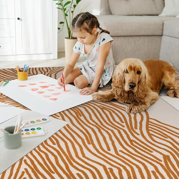 Orange Rug for Living Room, 8×10 Modern Abstract Area Rug, Geometric Contemporary Wave Striped Rugs for Playroom Nursery, Washable Nonslip Large Rug for Bedroom Dining Room
