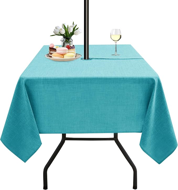 LUSHVIDA Outdoor Tablecloth with Umbrella Hole - Patio Table Cloth Zippered Square 60x60 Inch, Teal Linen-Look Polyester Table Cover Water Resistant for Picnic Outside