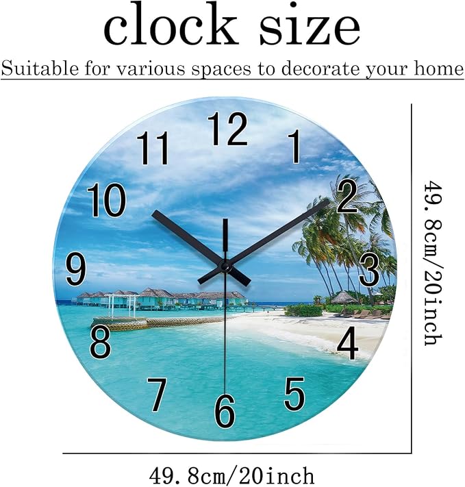 XFM Large Beach Wall Clock 20 Inch Silent Coastal Nautical | Non-Ticking Battery Operated Blue Modern Glass Decorative for Living Room Kitchen Bedroom Office
