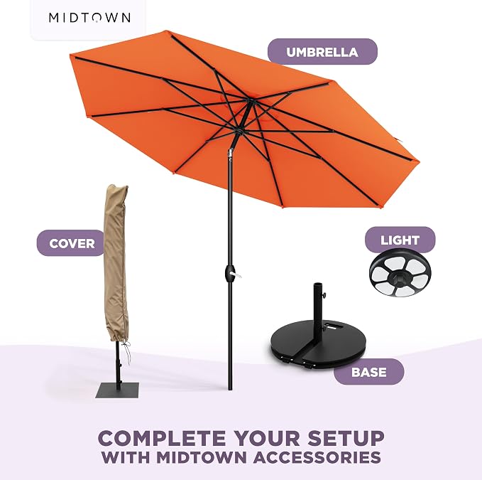 Midtown Umbrellas - 10-Year-No-Fade 9 Ft Patio Umbrella with Terylast Fabric, Auto-Tilt Aluminum Frame and 8 Reinforced Ribs for Deck, Pool, Garden & Beach - Tangerine Canopy, Black Pole