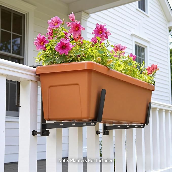 Window Box Brackets, Adjustable Planter Box Brackets, Heavy Duty Iron Flower Box Brackets for Railings, with Enhanced Bottom Support - Perfect for Balconies, Fences, and Gardens (Black, 6 Pack)