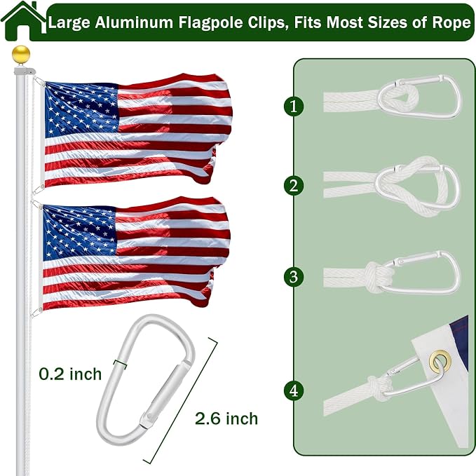 Flag Pole Pulley and Rope kit for 2.3" to 3" Diameter Flag Poles, 50FT Rope, 4" Flag Pole Topper, Cast Aluminum Flag Pole Truck, Metal Snap Clips and Cleat (Gold)