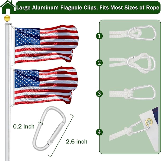 Flag Pole Pulley and Rope kit for 2" to 2.6" Diameter Flag Poles, 50FT Rope, 3.5" Flag Pole Topper, Cast Aluminum Flag Pole Truck, Metal Snap Clips and Cleat (Gold)