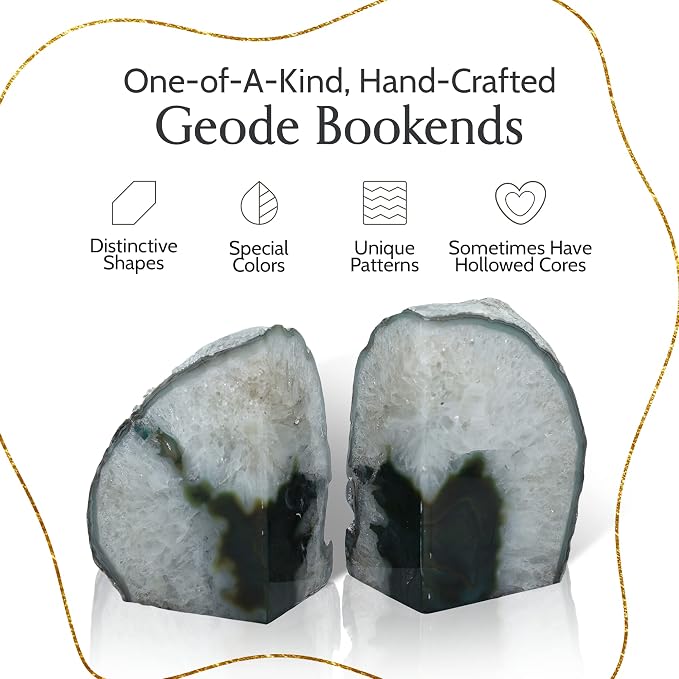 Nature's Decorations Agate Stone Bookends - A Quality Green Geode with Non-Skid Rubber Bumpers for Shelves, Office, Home Decor, Heavy Duty Cute Stone (2-3 LB)