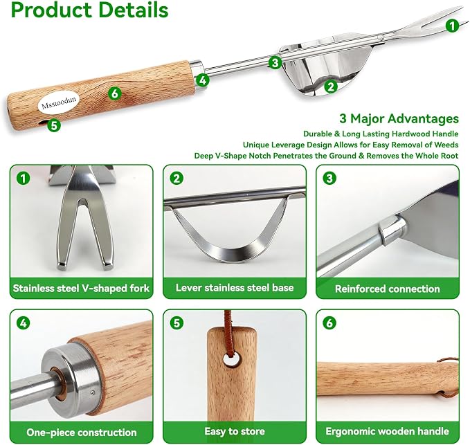 4PCS Garden Weeding Tool Set, Hand Weeder Tools with Wooden Handles, Double Claw Root Hook, V-Shape Weed Puller, Crack Weeder & Stainless Steel Garden Trowel for Digging, Planting & Weed Removal