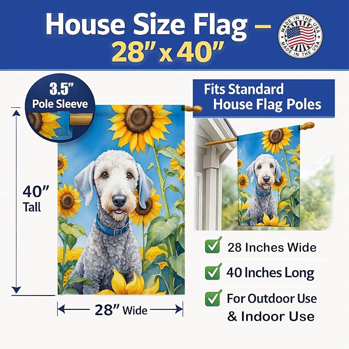 Caroline's Treasures DAC6021CHF Bedlington Terrier in Sunflowers House Flag Large Porch Sleeve Pole Decorative Outside Yard Banner Artwork Wall Hanging, Polyester, House Size, Multicolor