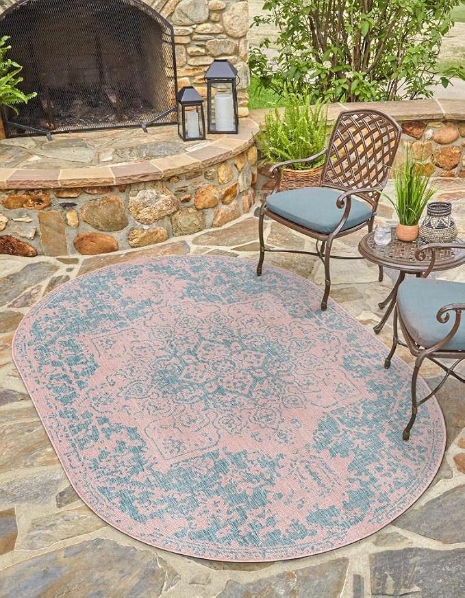 Unique Loom Jill Zarin Jill Zarin Outdoor Collection Area Rug - Dubai (7' 10" x 10' Oval, Pink and Aqua/Light Blue)