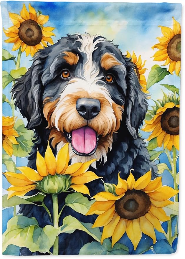 Caroline's Treasures DAC6025GF Bernedoodle in Sunflowers Garden Flag Mailbox Flag Decorative Yard Flag Banner Outside Patio Artwork Yard Flower Beds, Garden Size, Multicolor