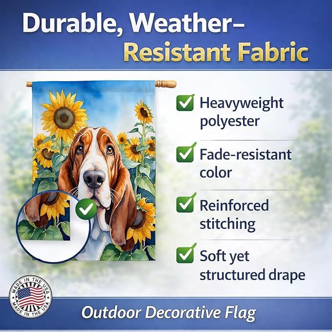 Caroline's Treasures DAC6018CHF Basset Hound in Sunflowers House Flag Large Porch Sleeve Pole Decorative Outside Yard Banner Artwork Wall Hanging, Polyester, House Size, Multicolor