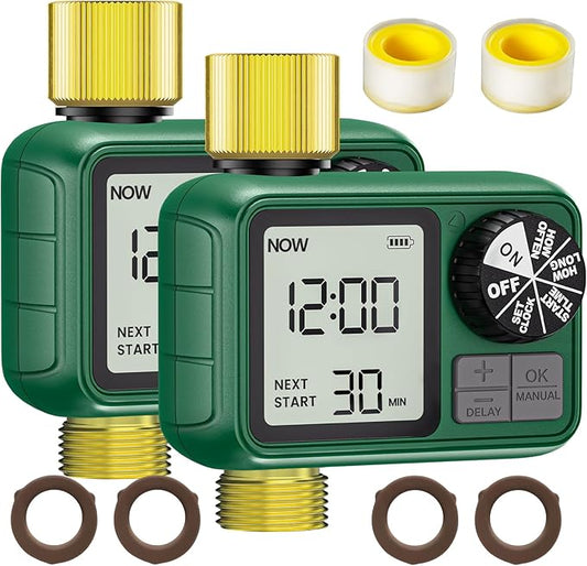 Water Timer for Outdoor Garden Hose, Sprinkler Timer for Garden Faucet with Auto/Manual/Rain Delay Mode, Sprinkler Irrigation Controller for Yard Lawn (1 Zone Brass Inlet & Outlet-2 Pack)