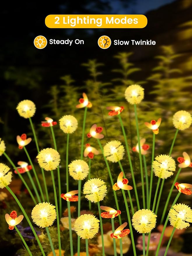 Solar Garden Lights Outdoor ,8 Pack 64 LED, Solar Swaying Dandelion Bee Lights Waterproof, Swaying Firefly Lights for Yard Pathway Lawn Patio Decorations, 2 modes (Steady on, Slow Twinkle), Warm White