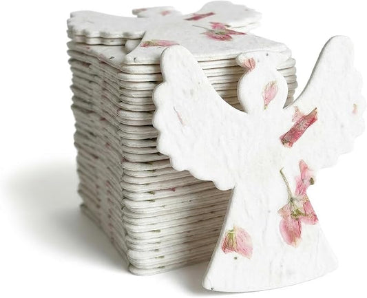 Plantable Memorial Gift Tags with Wildflower Seeds – 24 Pack Pink Angel-Shaped Writable Gift Wrap Tags for Funeral Favors, Sympathy Gifts & Celebration of Life Keepsakes