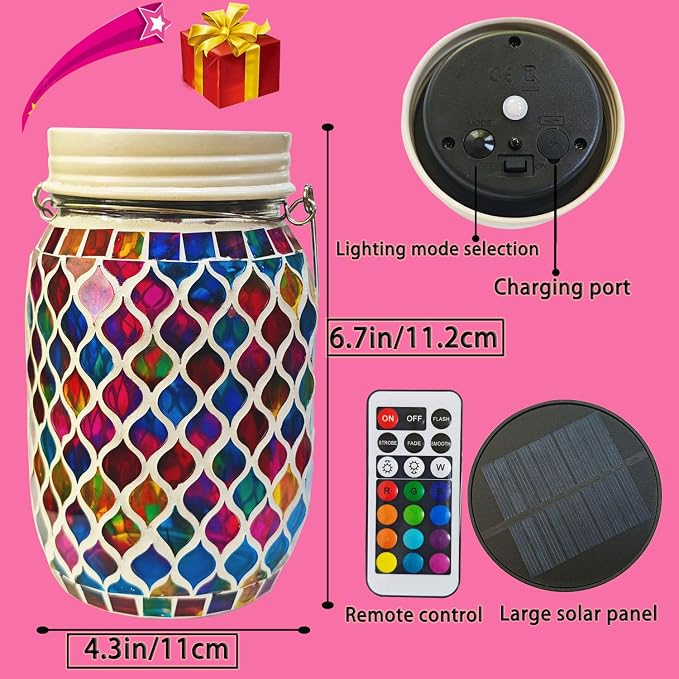 Solar Mosaic Outdoor Lanterns - 12 Color Changing LED, 4 Lighting Modes with Remote Control, Handcrafted Glass Decor Lights, Hanging or Tabletop Decor for Garden (red)