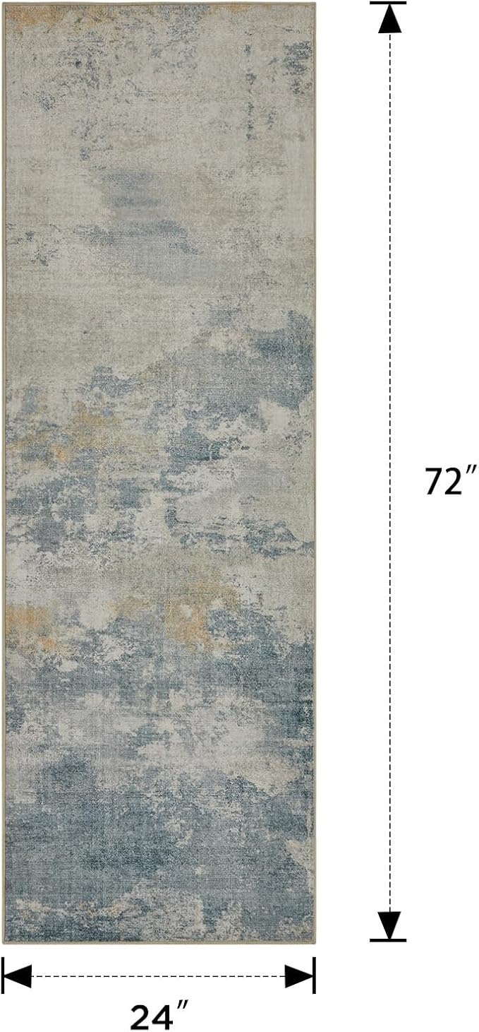 Joydeco 2x6 Washable Runner Rug for Hallway, Modern Abstract Non-Slip Soft Rugs, Low Pile Carpet for Entryway, Bedroom, Kitchen, Laundry, White & Blue & Gold