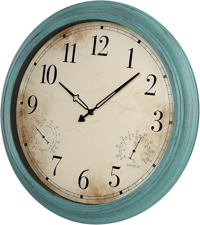 18 Inch Wall Clock, Retro Outdoor Clock Non-Ticking Waterproof Indoor Outdoor Clock with Thermometer, Green