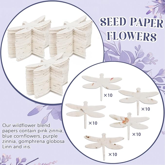 Dunzoom 50 Pcs Handmade Seed Paper Plantable Wildflower Seed Paper Recycled Flower Petals Tags Wedding Favors for Guests Craft Gifts Cards for Envelope Birthday Party, 5 Styles (Dragonfly Shape)