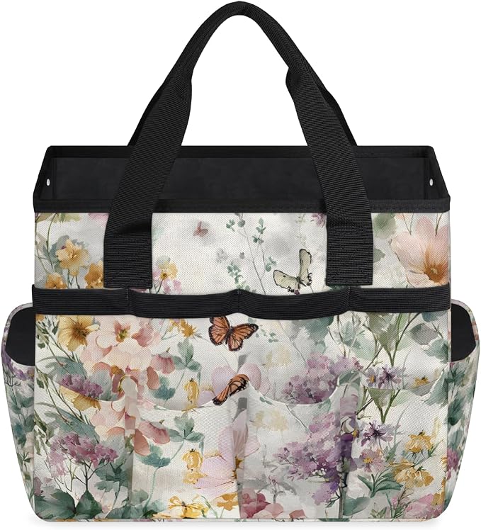 Garden Tote Bag with 10 Pockets Butterfly Heavy Duty Gardening Bags for Tools Organizer Storage Bag with Handle for Garden Lawn Yard Casual