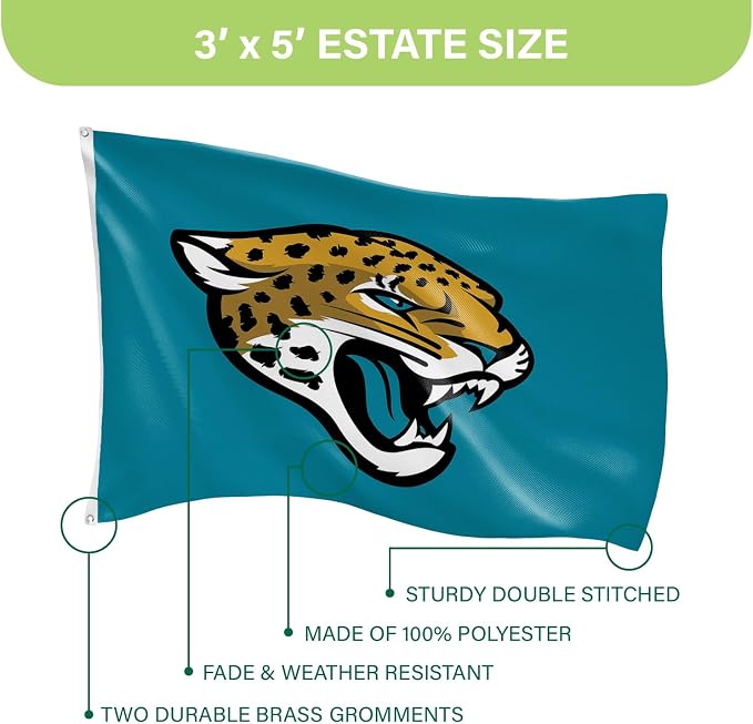 NFL Jacksonville Jaguars 3 x 5 Outdoor Durable House Flag with Grommets | Sport Team Flag & Banner | Indoor Wall Decor Flag for Room | Works with Flag Poles for Outside House