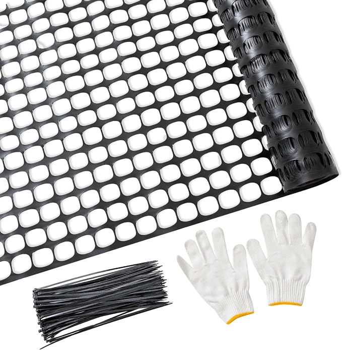 PotatoLife Plastic Mesh Fence Safety Fence, 2'x25' Roll with 50 Zip Ties, Resuable Temporary Netting for Garden Fencing, Construction, Snow Fencing, Animal Barrier, Poultry, Deer, Patio, Black
