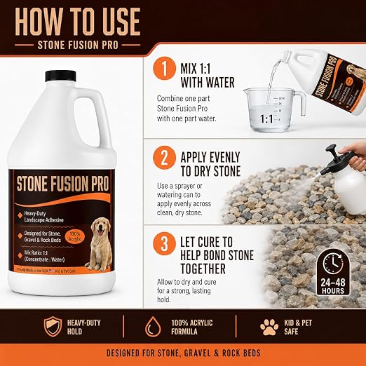 Stone Fusion Pro Stone Glue, 1 Gallon – Heavy-Duty Landscape Adhesive for Decorative Stone, Gravel & Rock Beds, 100% Acrylic Rock Binder, 1:1 Mix, Kid & Pet Safe, Made in USA