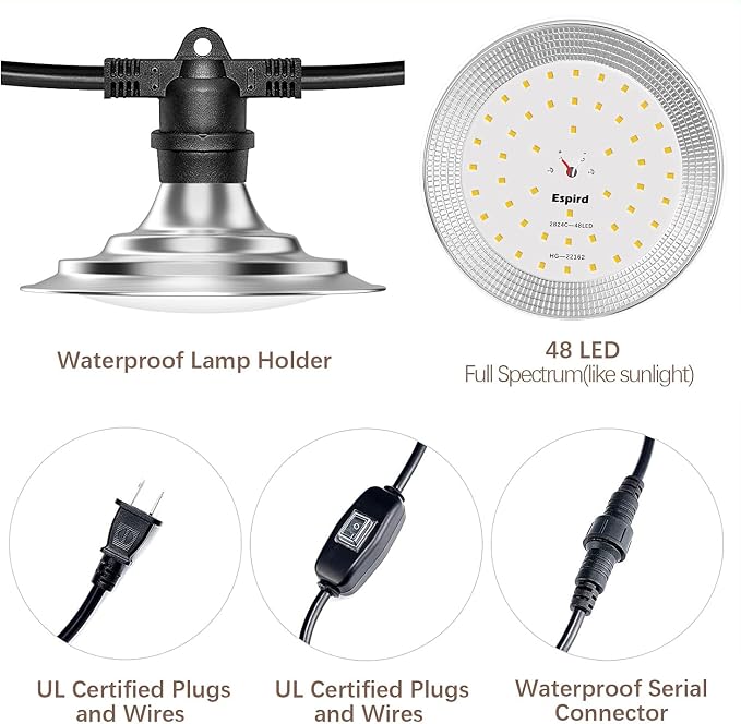 Outdoor LED Grow Lights for Greenhouse 12-Light Waterproof String Grow Light, Full Spectrum LED Plant Grow Light Lamp, Waterproof Greenhouse Grow Lights for Seedling, Veg, Flower