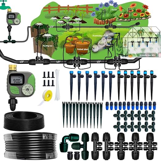 Drip Irrigation System with Water Timer for Garden,Main ID 1/2inch 16.5Ft and 1/4inch 96Ft Water Hose, Watering System Sufficient Water Pressure, Irrigation Dripper Waterflow Evenly Easy DIY Green