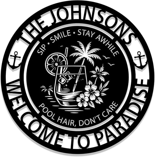Personalized Pool Signs for Outside,Custom large size Metal Name Sign Outdoor Wall Art Patio Backyard Oasis Pool Decor,Outdoor Pool Tropical Coastal Decor Bar Hot Tub Bar, Poolside Paradise Sign - Style 1
