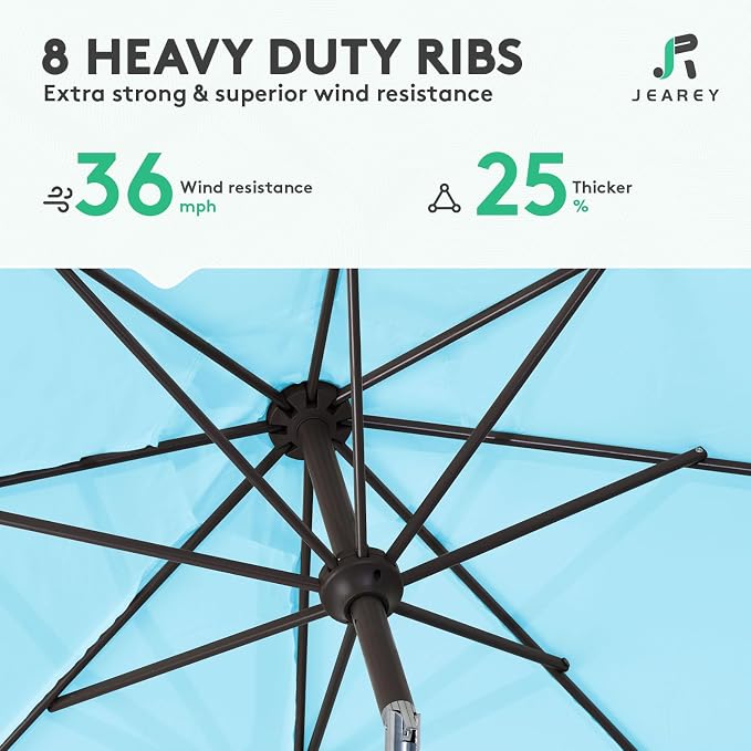 JEAREY 9FT Patio Umbrellas Outdoor Table Umbrella with Push Button Tilt and Crank, Market Umbrella 8 Sturdy Ribs UV Protection Waterproof for Garden, Deck, Backyard, Pool (Sky Blue)
