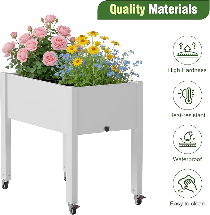 Elevated Raised Garden Bed with Wheels - Outdoor Mobile Resin Planter Box with Drainage Holes for Vegetables Flower Herbs, Weather Resistant, Ashen (26.3" h)