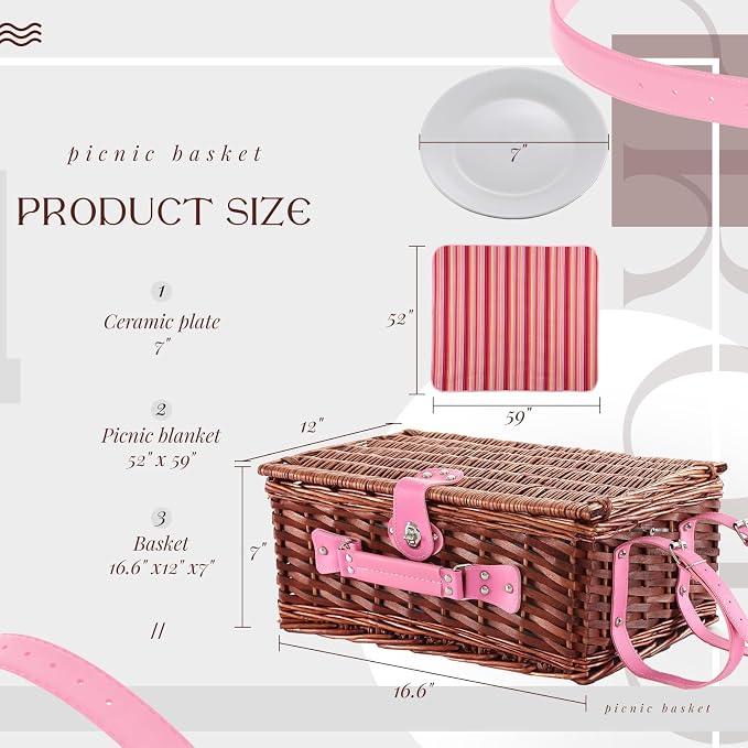 Picnic Basket Set for 4 with Waterproof Blanket Mat Insulation Bag Wicker Pink Stripe Classic Fresh Gift for Christmas Thanksgiving Wedding Birthday Camp Outdoor Beach Travel