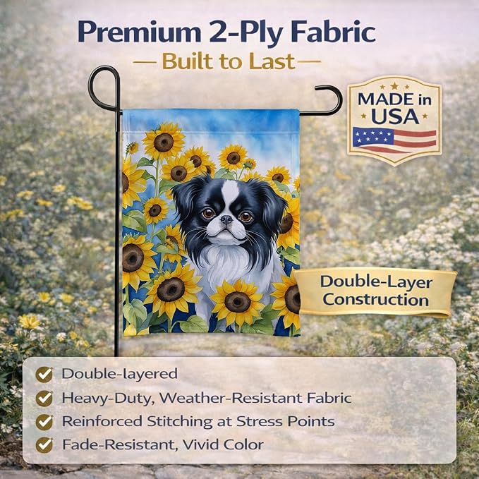 Caroline's Treasures DAC6103GF Japanese Chin in Sunflowers Garden Flag Mailbox Flag Decorative Yard Flag Banner Outside Patio Artwork Yard Flower Beds, Garden Size, Multicolor
