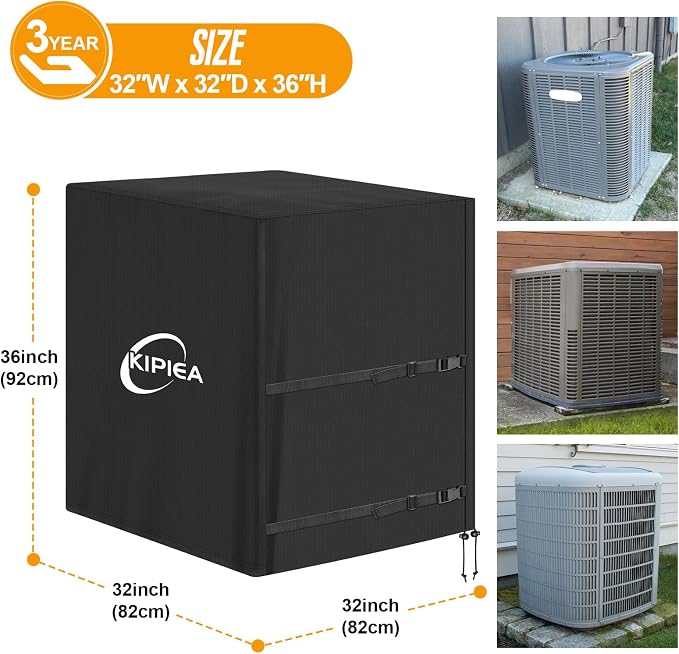 Kipiea Heavy Duty Air Conditioner Cover for Outside Units, Windproof, Anti-UV, Tear & Fade Resistant AC Cover for Winter (32" W x 32" D x 36" H)