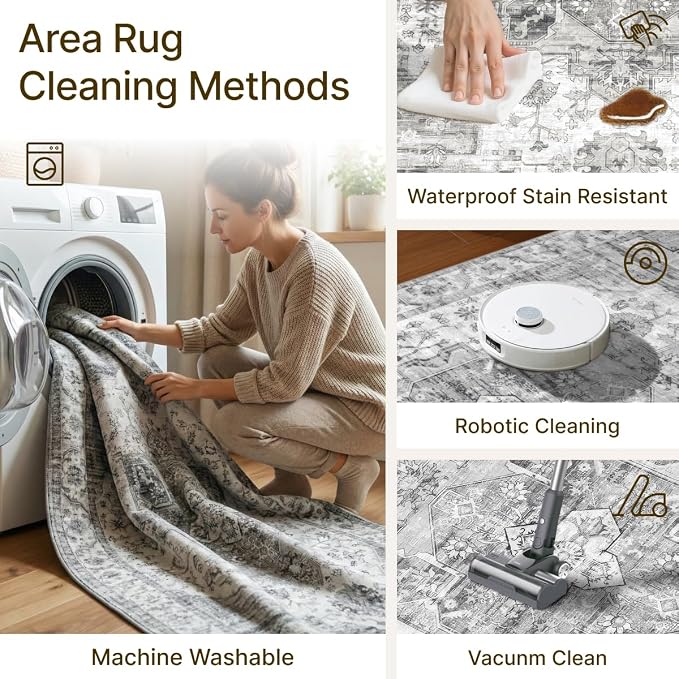 9x12 Area Rugs Washable Large Vintage Rug for Living Room Bedroom | Farmhouse Boho Floral Neutral Washable Stain Resistant Indoor Carpet for Bedroom Office and Home Decor (Black&Grey)