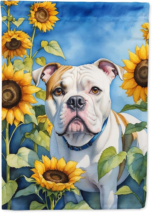 Caroline's Treasures DAC6006CHF American Bulldog in Sunflowers House Flag Large Porch Sleeve Pole Decorative Outside Yard Banner Artwork Wall Hanging, Polyester, House Size, Multicolor