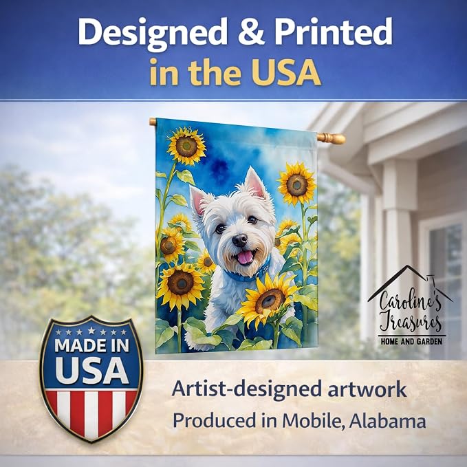 Caroline's Treasures DAC6174CHF Westie in Sunflowers House Flag Large Porch Sleeve Pole Decorative Outside Yard Banner Artwork Wall Hanging, Polyester, House Size, Multicolor