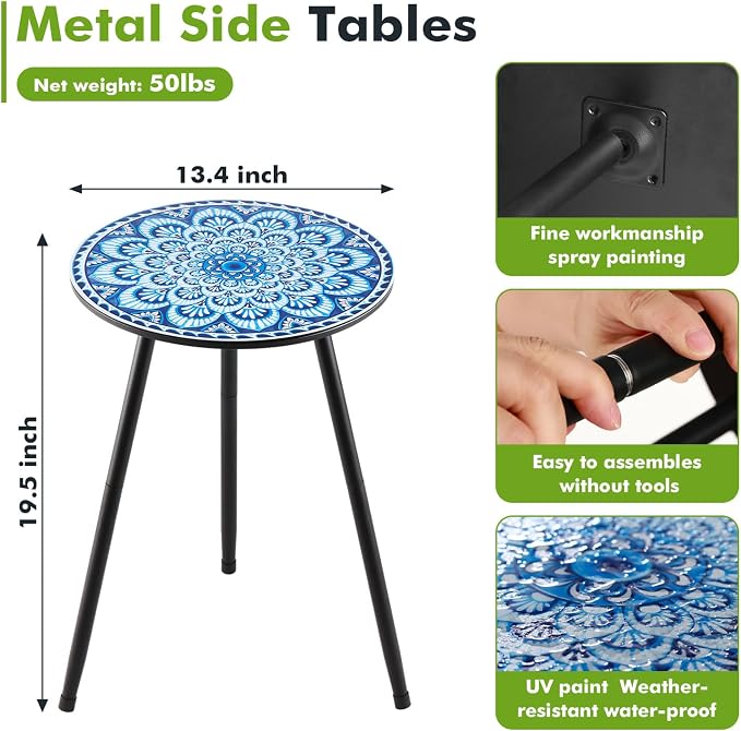 1 Pack Metal Mosaic Round Side Tables 13.4" Small Outdoor Patio Round Accent Coffee Tables Indoor Corner Stand for Small Spaces Weather-Resistant for Balcony, Porch Plant Stands Indoor, Light Blue